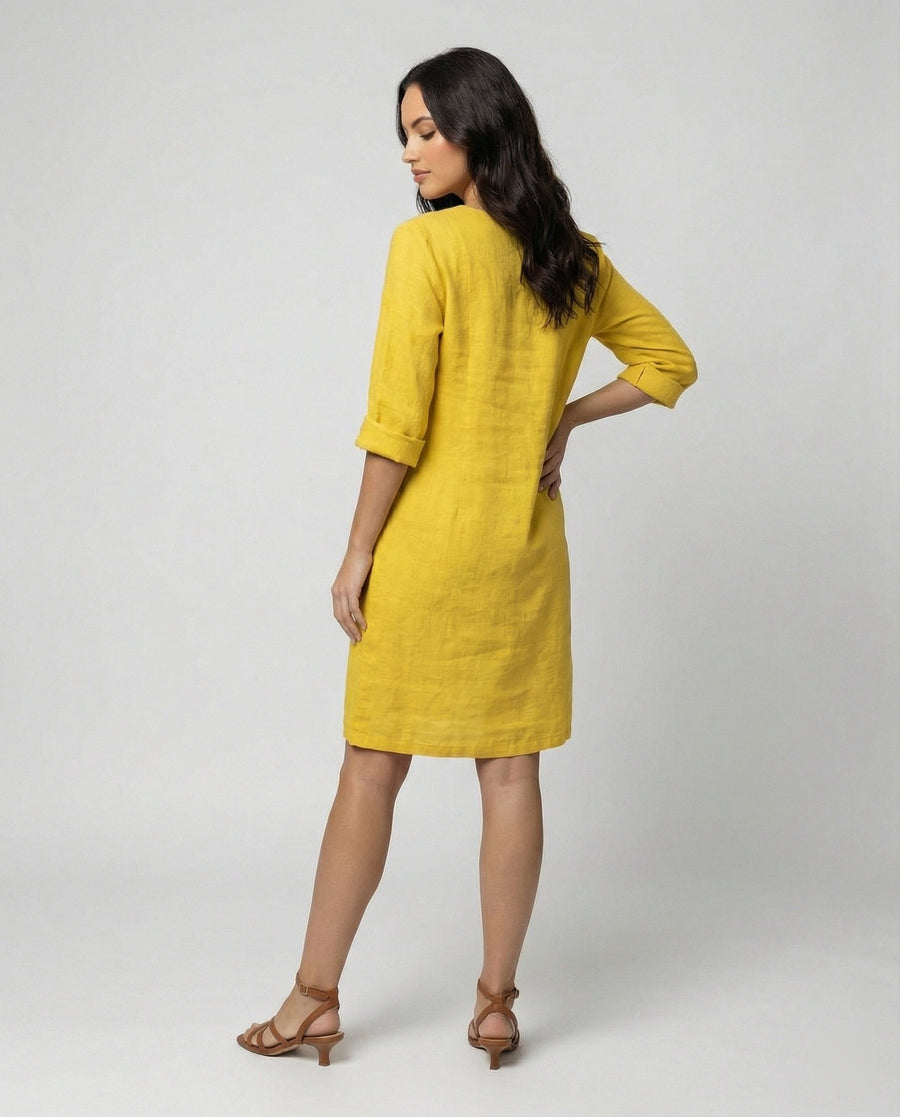 Bo Elegant Linen Dress with V-Neck in Yellow