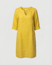 Bo Elegant Linen Dress with V-Neck in Yellow