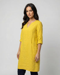 Bo Elegant Linen Dress with V-Neck in Yellow