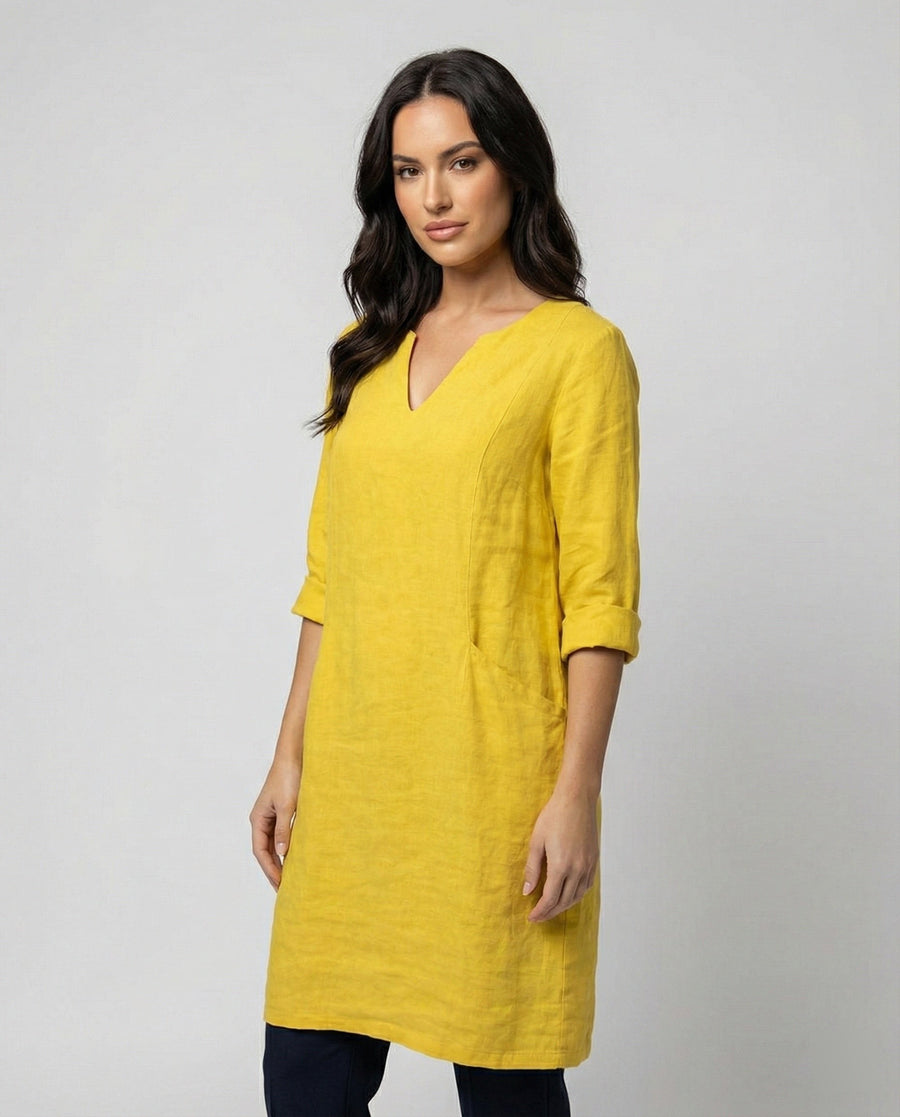 Bo Elegant Linen Dress with V-Neck in Yellow