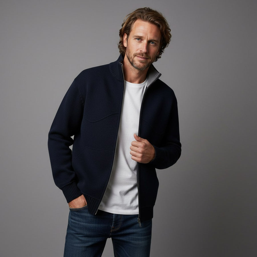 Bradford Wool-Blend Zip Sweater in Navy Blue
