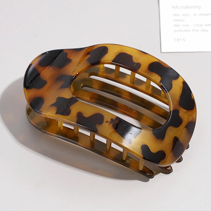 Brenda Women's Large Hair Claw Clip Oval Flat in bright brown leopard