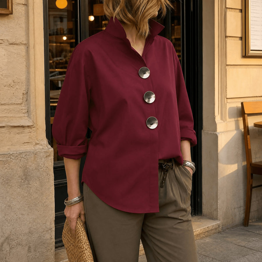 Brennie Women's White Oversized Button-Down Blouse in Burgundy