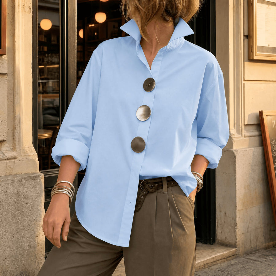 Brennie Women's White Oversized Button-Down Blouse in Light Blue