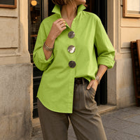 Brennie Women's White Oversized Button-Down Blouse in Lime Green