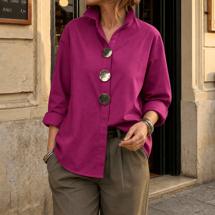 Brennie Women's White Oversized Button-Down Blouse in Rose Red