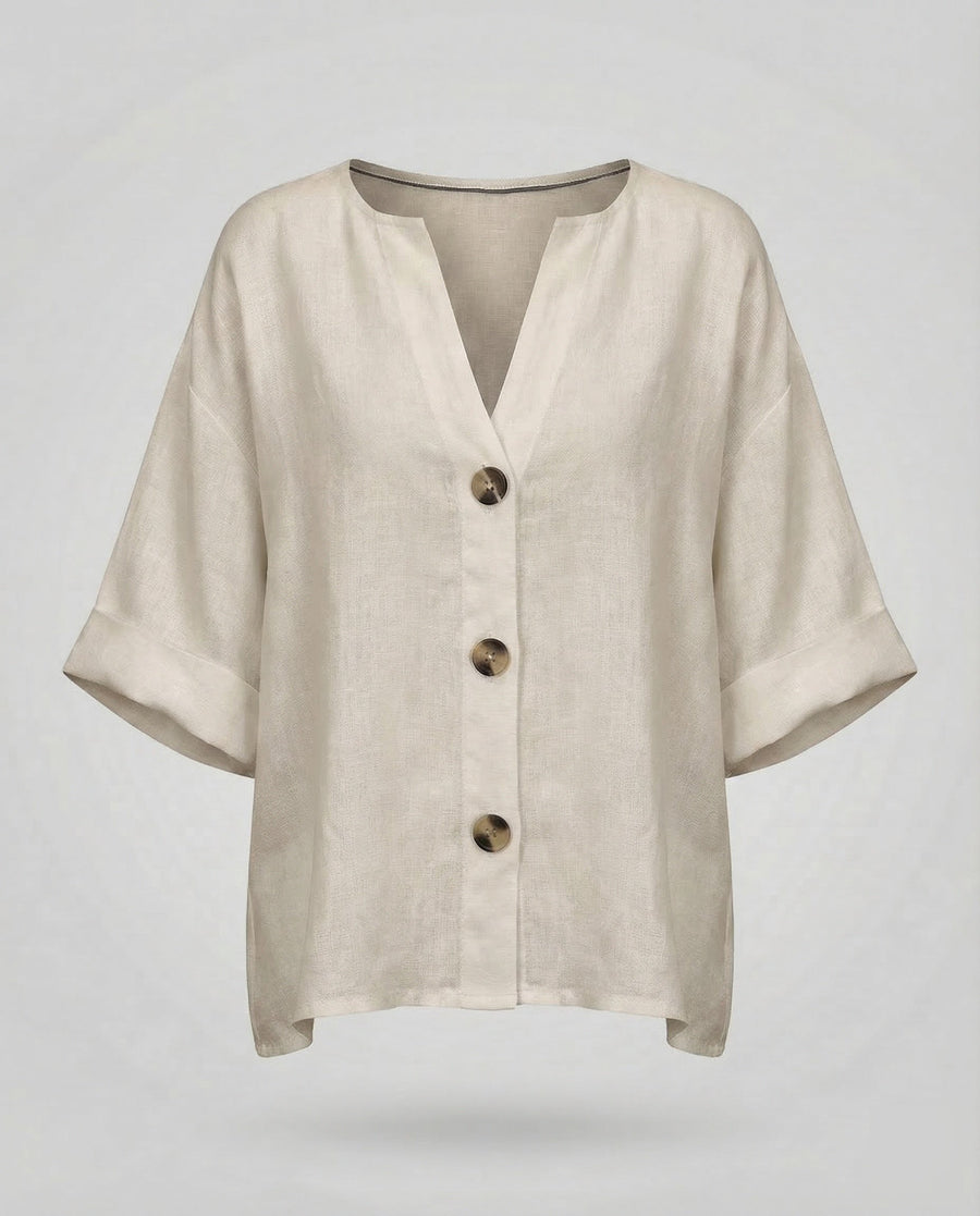 Briar Casual Linen Blouse with V-Neck in Apricot