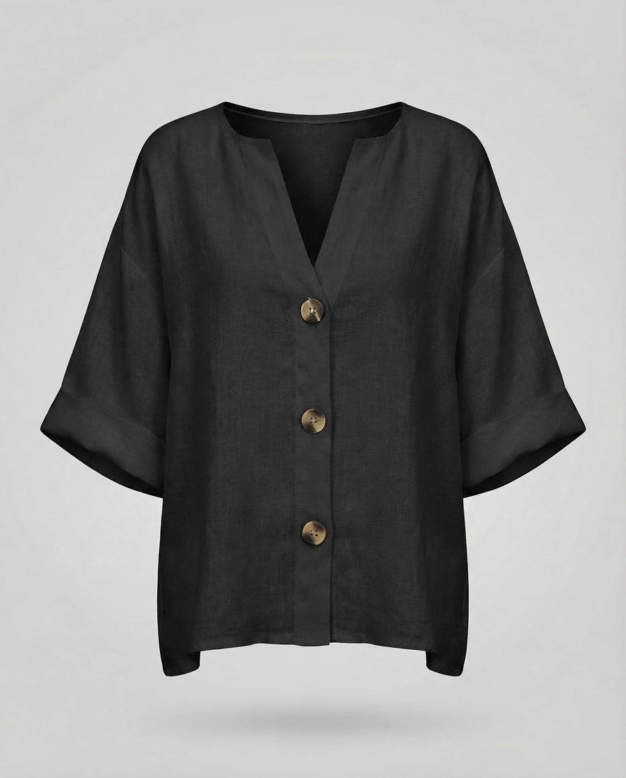 Briar Casual Linen Blouse with V-Neck in Black