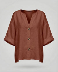 Briar Casual Linen Blouse with V-Neck in Brown
