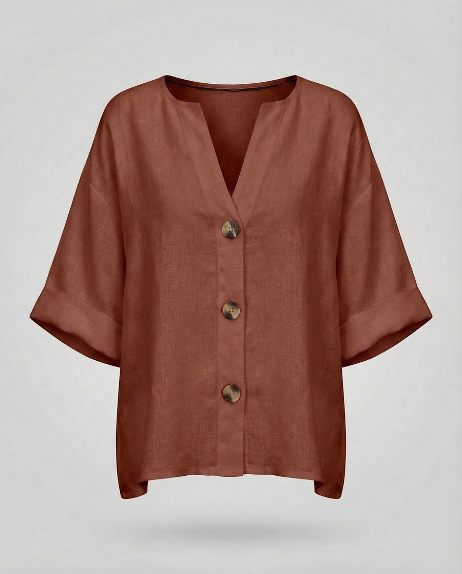 Briar Casual Linen Blouse with V-Neck in Brown