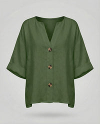 Briar Casual Linen Blouse with V-Neck in Green