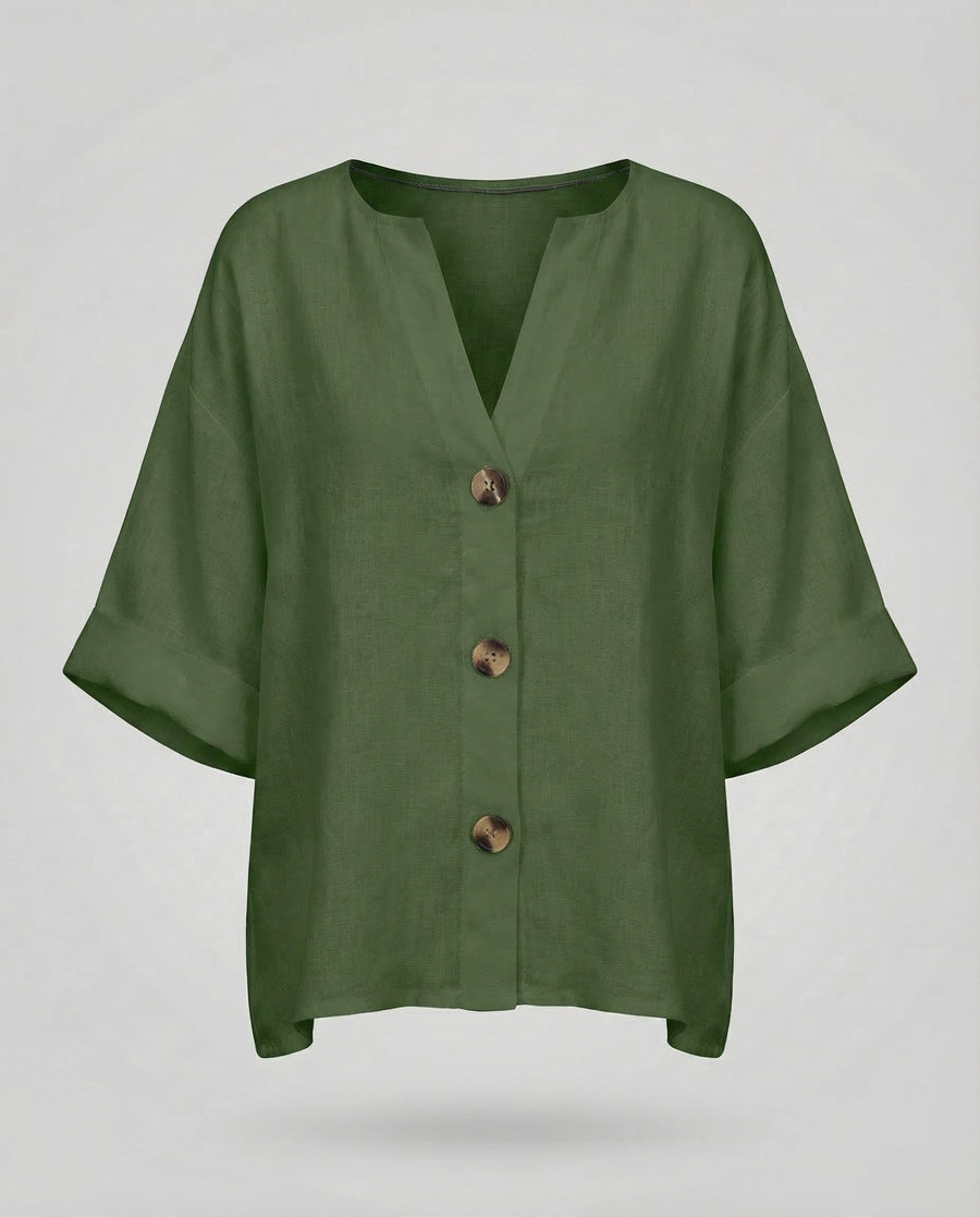 Briar Casual Linen Blouse with V-Neck in Green