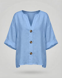 Briar Casual Linen Blouse with V-Neck in Light Blue