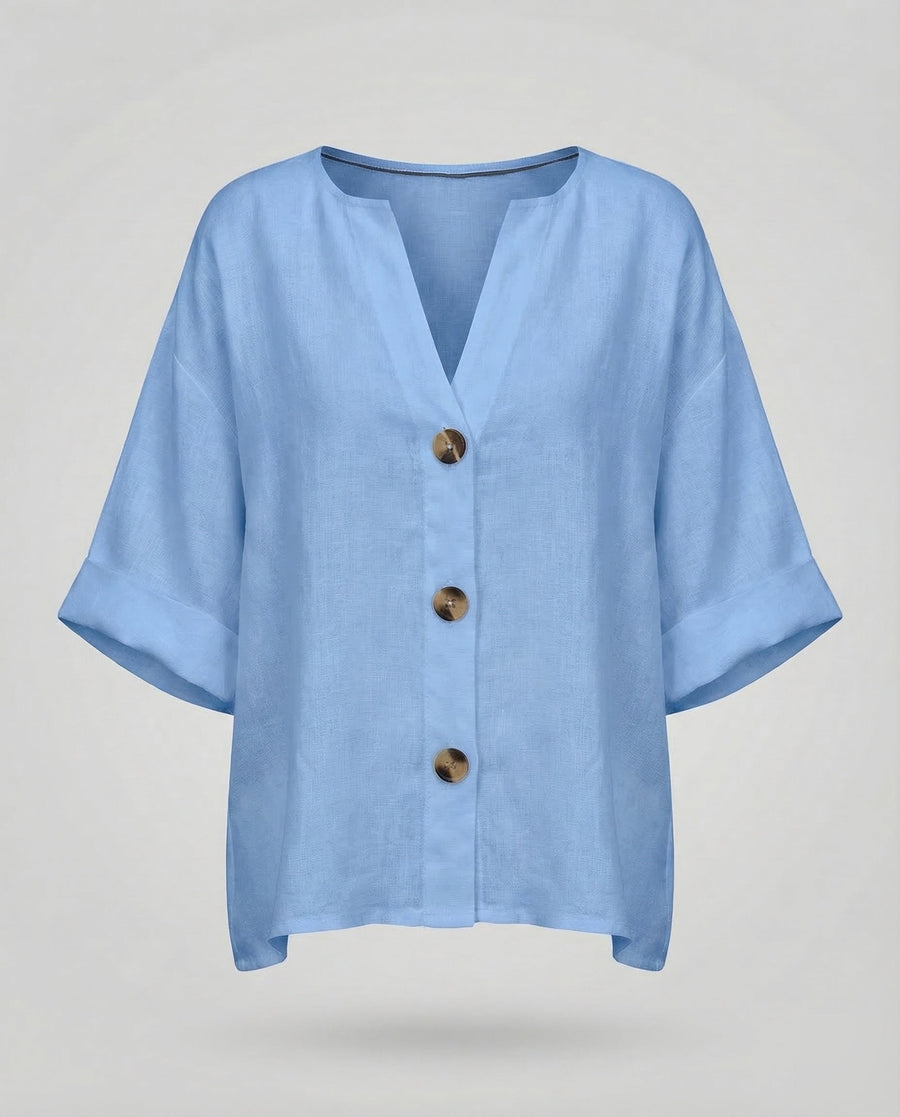 Briar Casual Linen Blouse with V-Neck in Light Blue