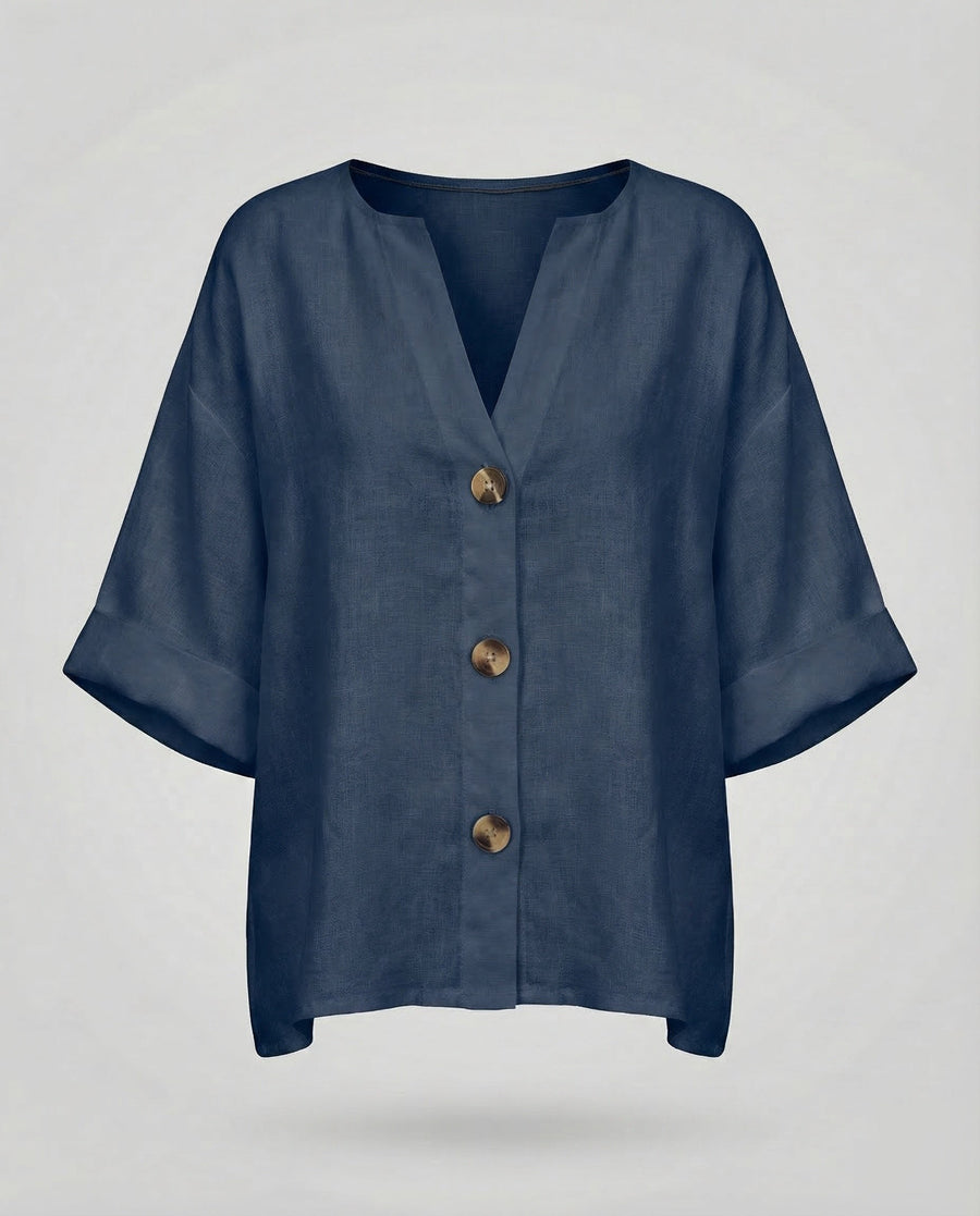 Briar Casual Linen Blouse with V-Neck in Navy