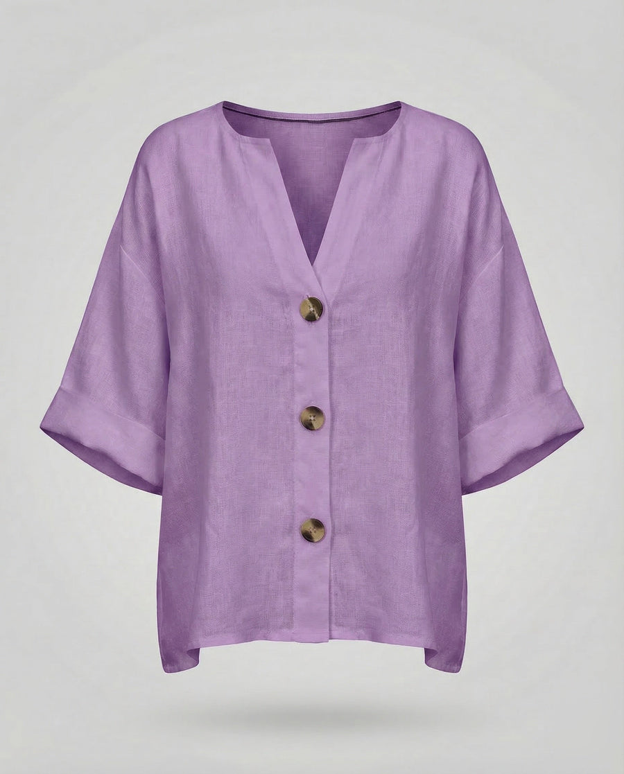 Briar Casual Linen Blouse with V-Neck in Purple