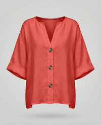 Briar Casual Linen Blouse with V-Neck in Red