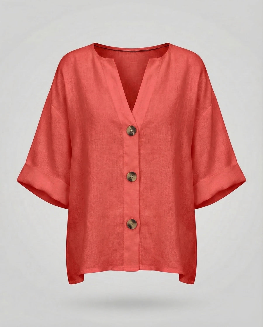 Briar Casual Linen Blouse with V-Neck in Red