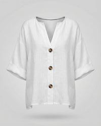 Briar Casual Linen Blouse with V-Neck in White