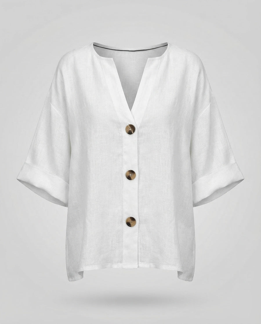 Briar Casual Linen Blouse with V-Neck in White