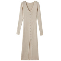 Briar Knit Dress with V-Neck and Button Front in Cream