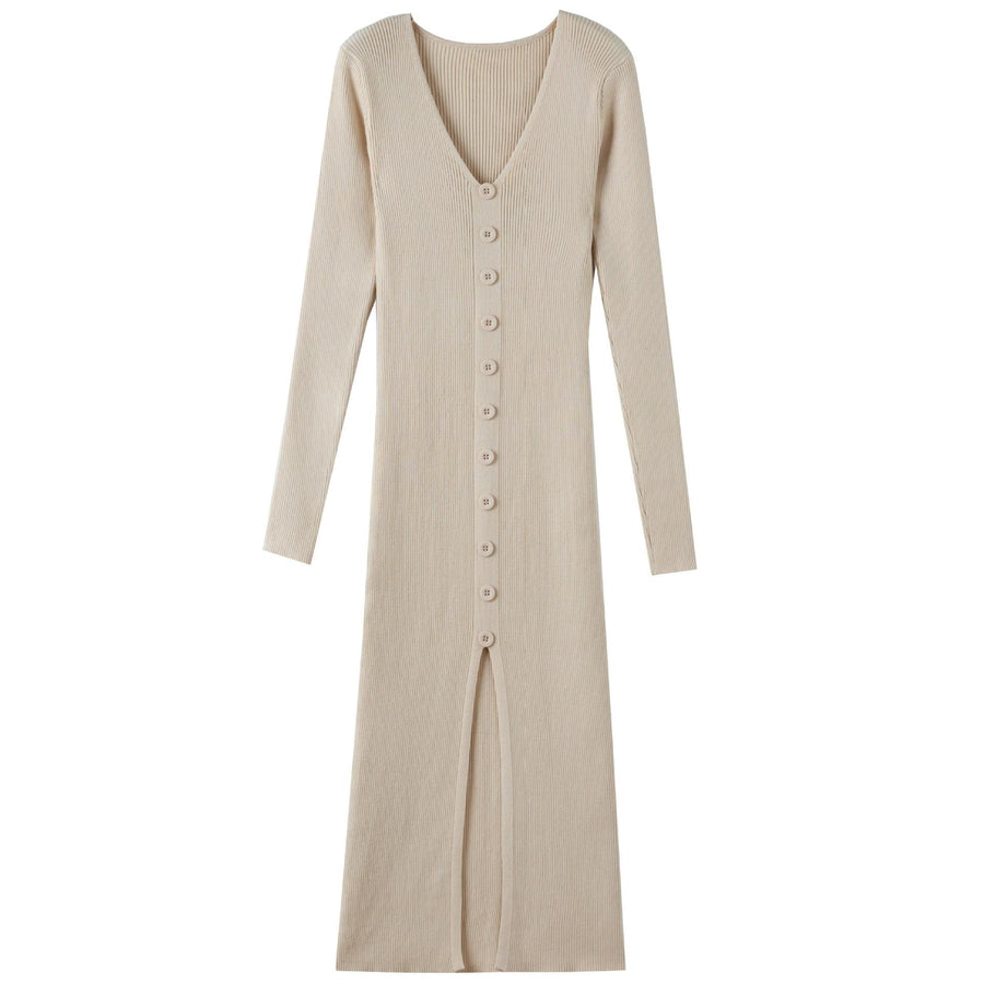 Briar Knit Dress with V-Neck and Button Front in Cream