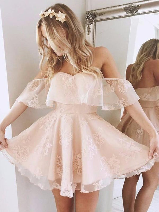 Off-the-Shoulder Lace A-Line Prom Dress with Layered Mini Skirt