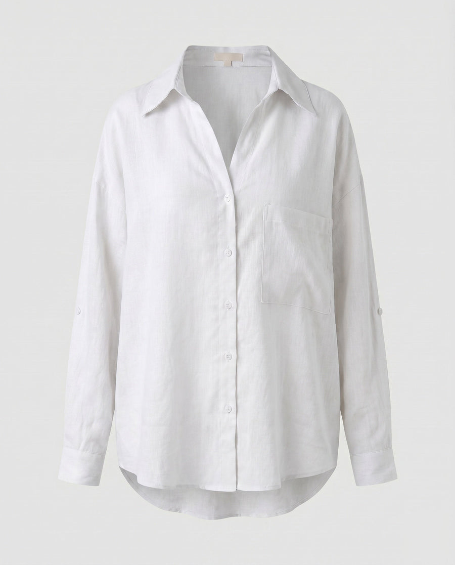 Bridget Casual Linen Blouse with Chest Pocket in White