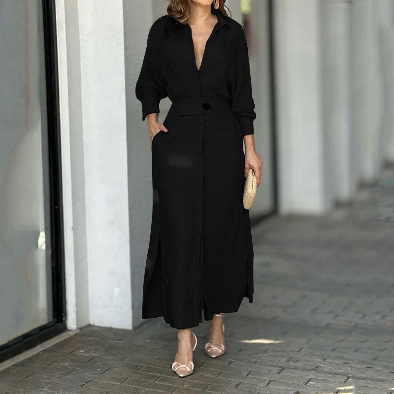 Bridget Elegant Linen Maxi Dress with Button Front and Side Split in Black