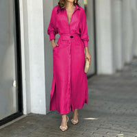 Bridget Elegant Linen Maxi Dress with Button Front and Side Split in Magenta