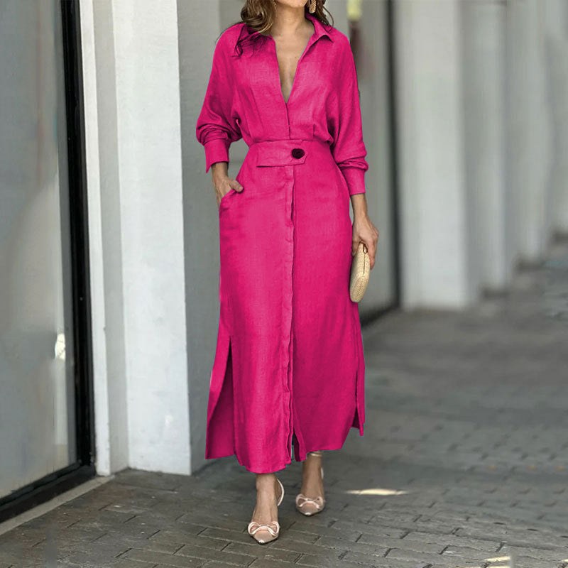 Bridget Elegant Linen Maxi Dress with Button Front and Side Split in Magenta