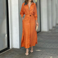 Bridget Elegant Linen Maxi Dress with Button Front and Side Split in Orange