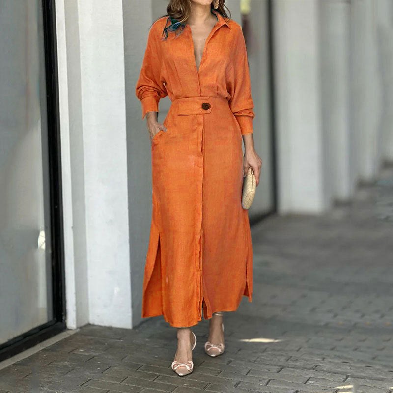 Bridget Elegant Linen Maxi Dress with Button Front and Side Split in Orange