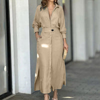 Bridget Elegant Linen Maxi Dress with Button Front and Side Split in Pink