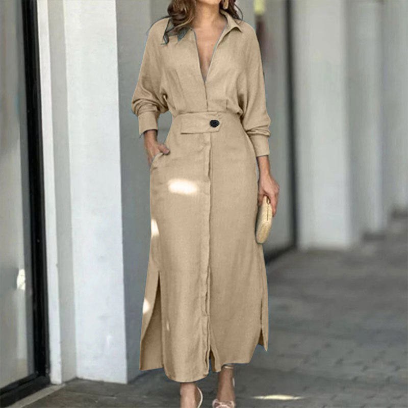 Bridget Elegant Linen Maxi Dress with Button Front and Side Split in Pink