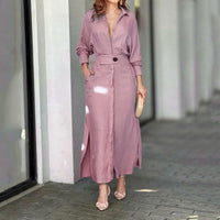 Bridget Elegant Linen Maxi Dress with Button Front and Side Split in Pink