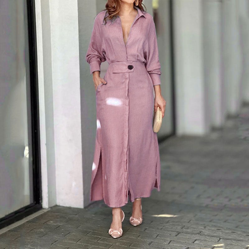 Bridget Elegant Linen Maxi Dress with Button Front and Side Split in Pink