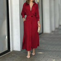 Bridget Elegant Linen Maxi Dress with Button Front and Side Split in Wine Red