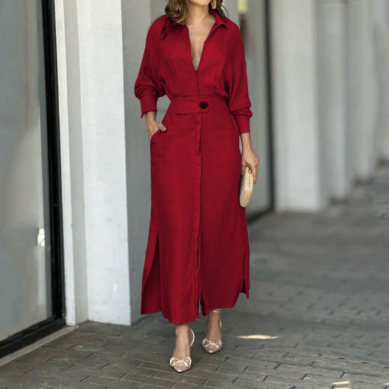 Bridget Elegant Linen Maxi Dress with Button Front and Side Split in Wine Red