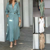 Bridget Elegant Linen Maxi Dress with Button Front and Side Split