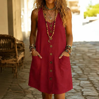 Brindara Women's Sleeveless Button Front Pocket Dress in Red