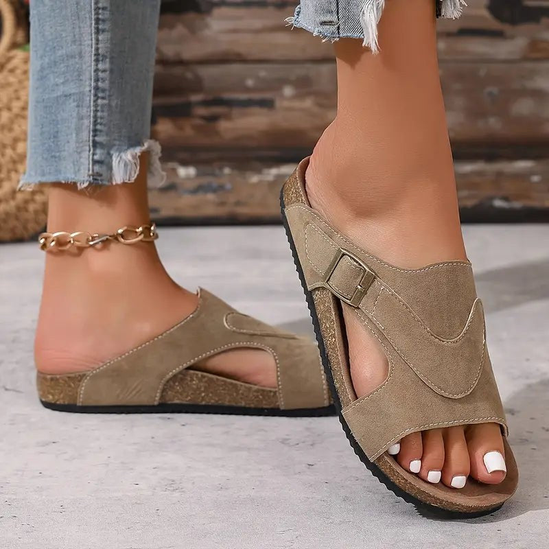 Brindelle Women's Flat Sandal with Ankle Strap in Beige