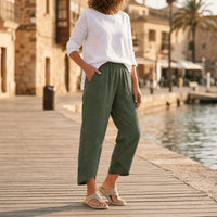 Brindis Women's Wide Leg Cropped Linen Pants in Green