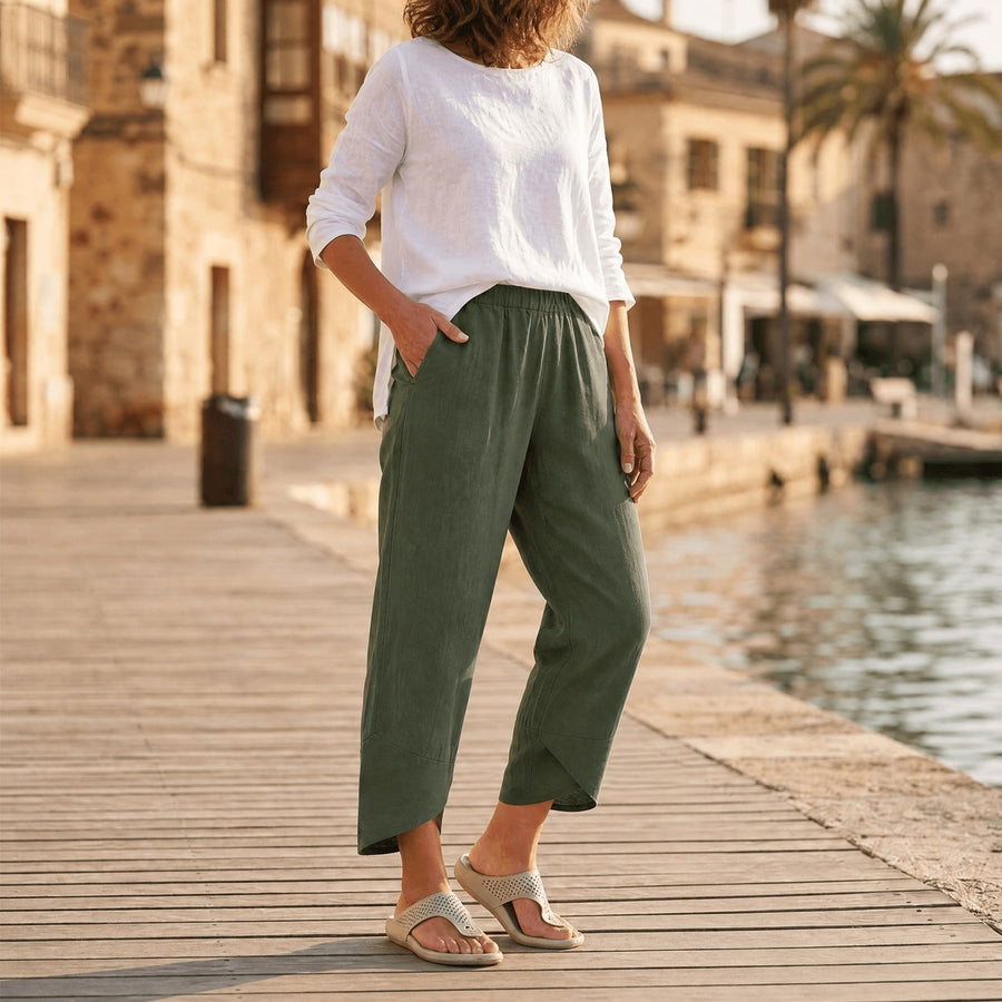 Brindis Women's Wide Leg Cropped Linen Pants in Green