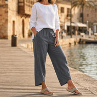 Brindis Women's Wide Leg Cropped Linen Pants in Grey