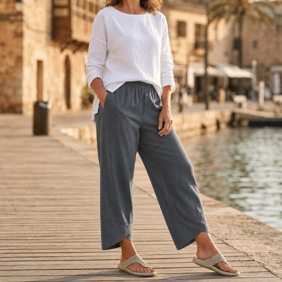 Brindis Women's Wide Leg Cropped Linen Pants in Grey