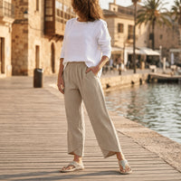 Brindis Women's Wide Leg Cropped Linen Pants in Khaki