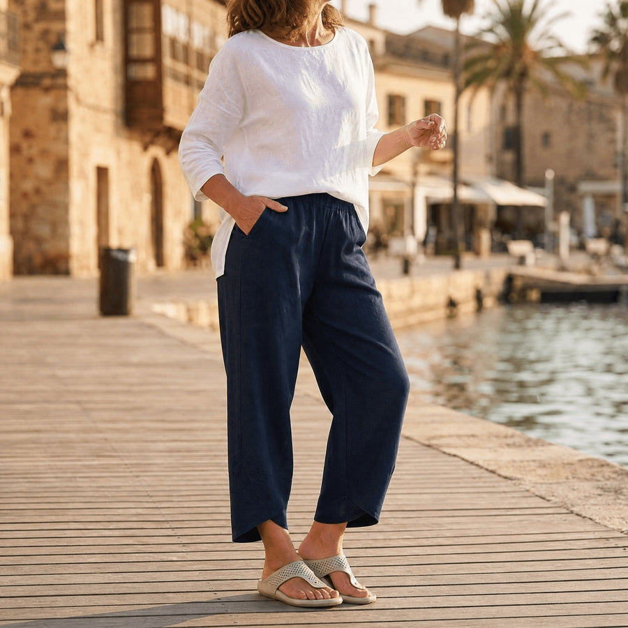 Brindis Women's Wide Leg Cropped Linen Pants in Navy Blue