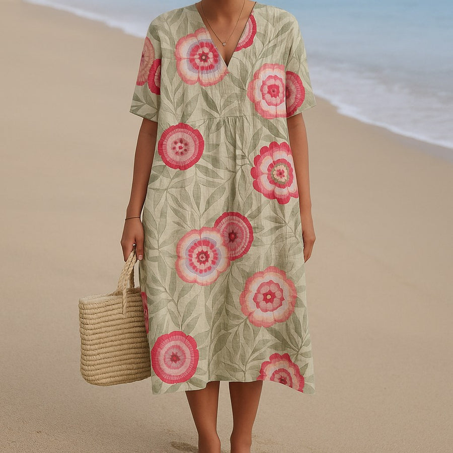 Brindora Women's Floral Print Short Sleeve Midi Dress in Pink