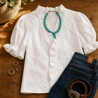 Brinley Women's Floral Embroidered Puff Sleeve Blouse